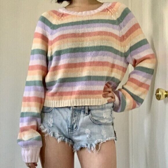 AMERICAN EAGLE AE Pastel Rainbow Striped Knit Cotton Boxy Cropped Crop Sweater M - Picture 1 of 14